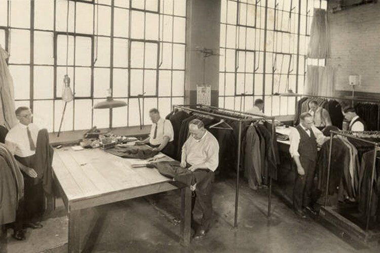 Workers inspecting suits at Richman Brothers factory in 1927